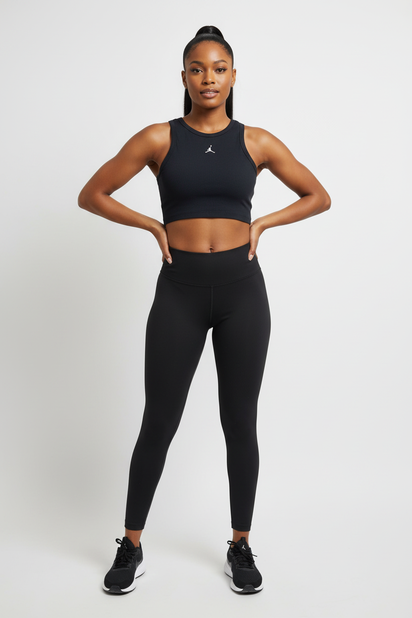 Mannequin africaine portant le débardeur crop Jordan noir - Vue de face