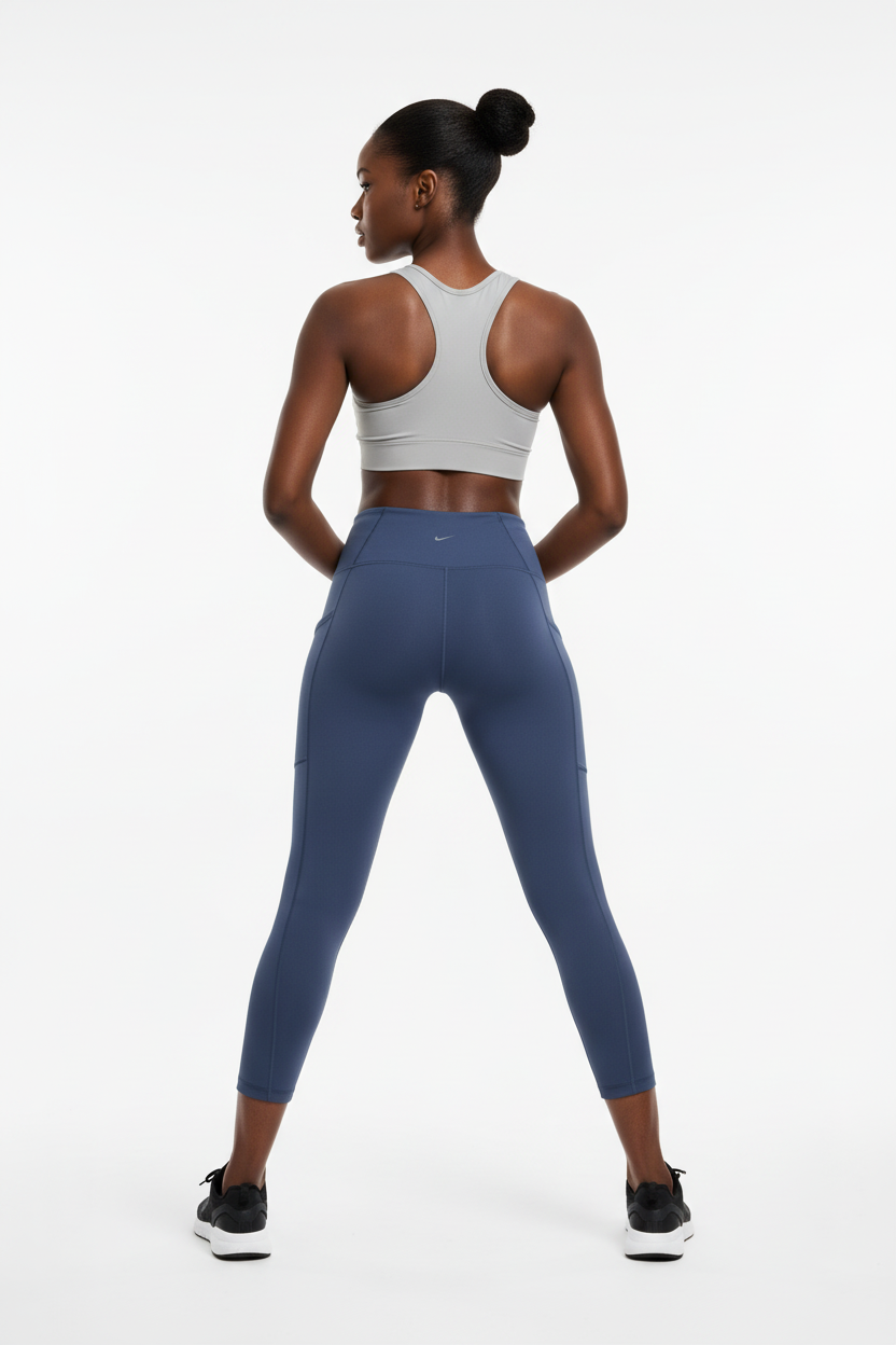 Mannequin africaine portant le legging 7/8 bleu marine avec poches - Vue de dos