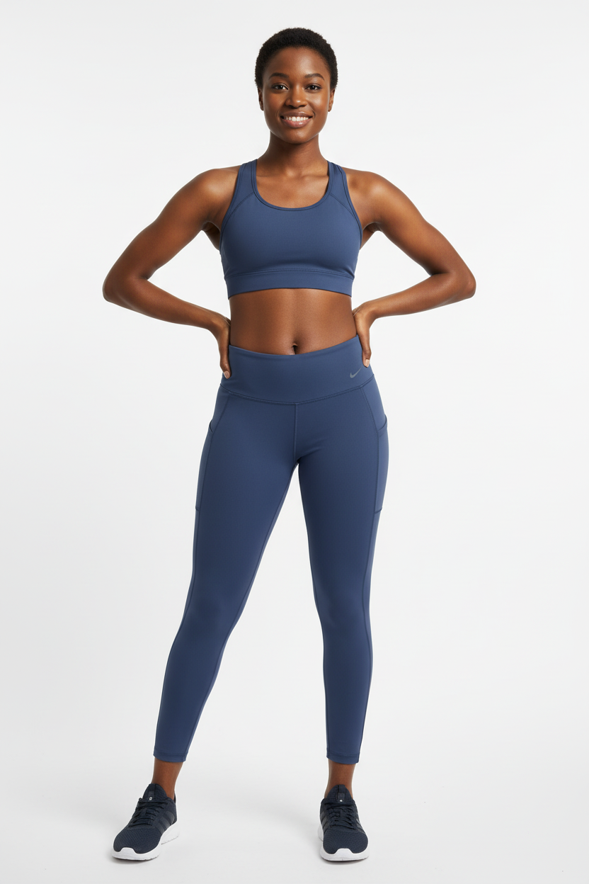 Mannequin africaine portant le legging 7/8 bleu marine avec poches - Vue de face