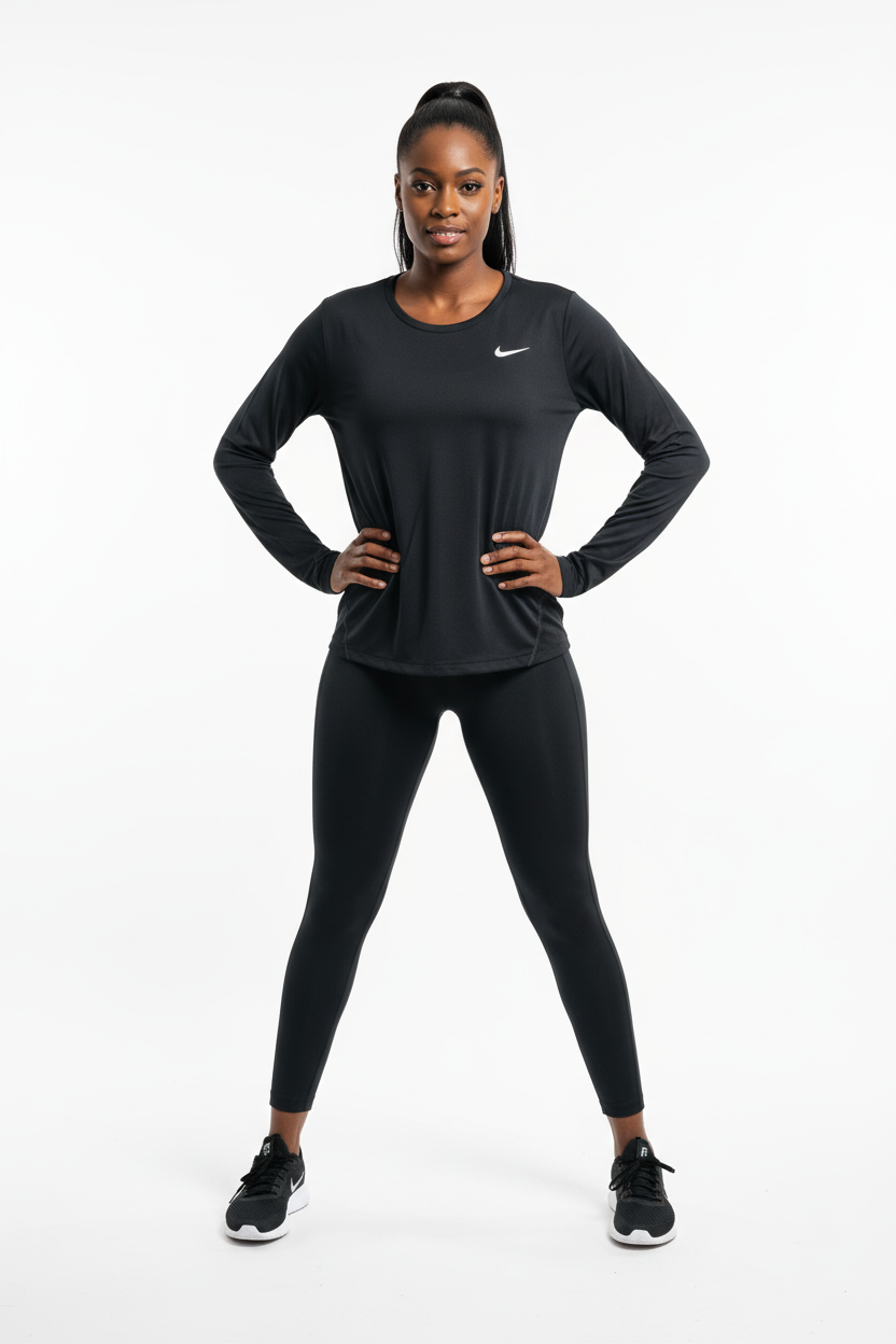 Mannequin africaine portant le t-shirt Nike manches longues noir - Vue de face