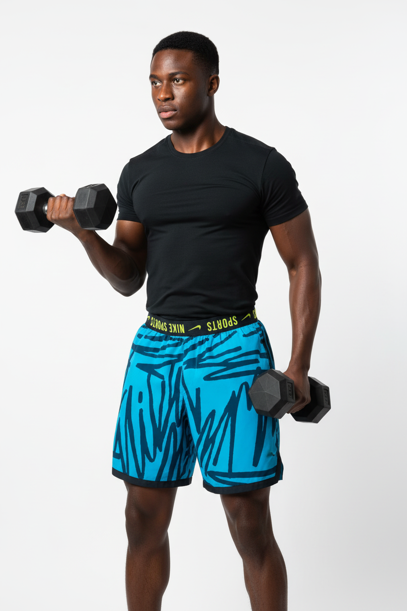 Mannequin en t-shirt noir avec haltères portant le short Nike - Pose 1