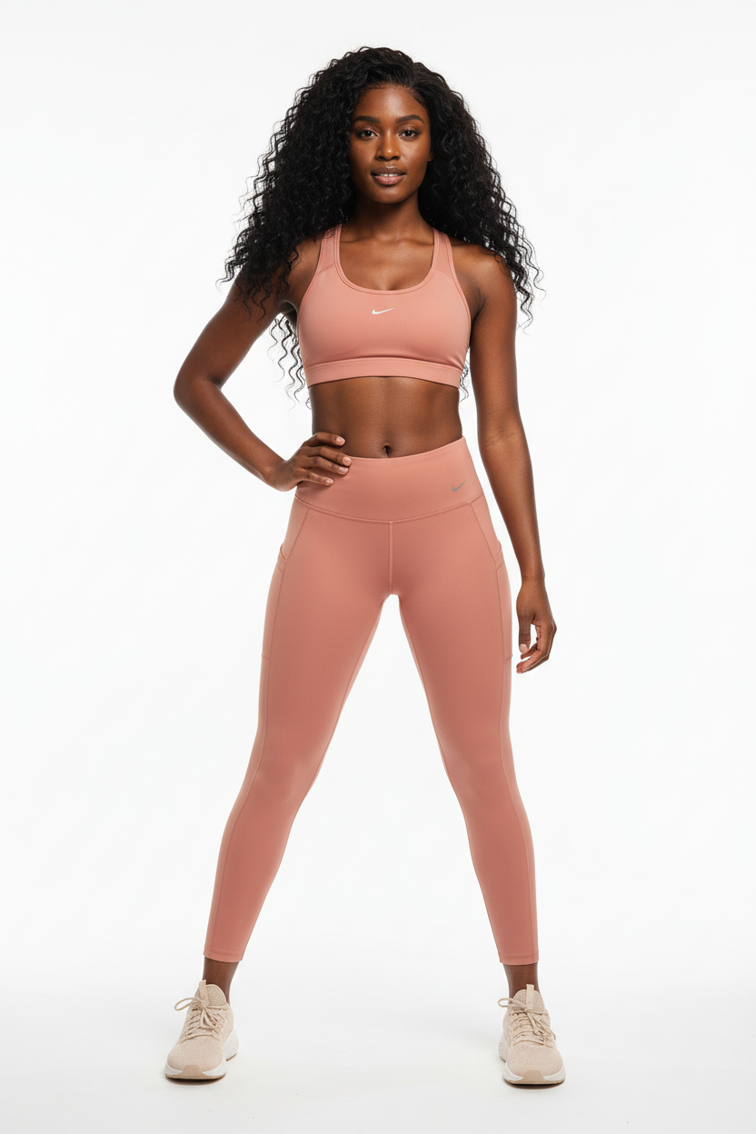 Mannequin femme avec cheveux longs et legging Nike Go rose terracotta - Vue de face