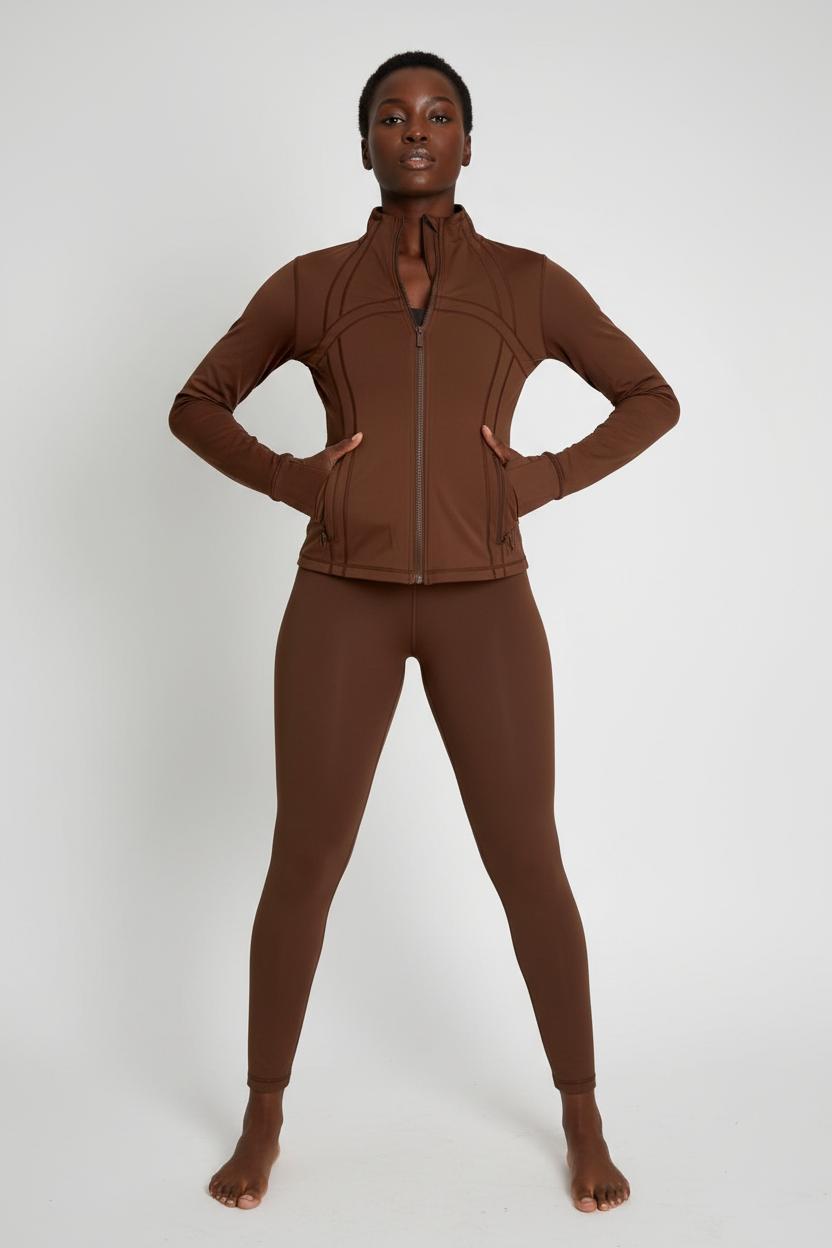 Mannequin femme avec ensemble Lululemon marron - Vue de face