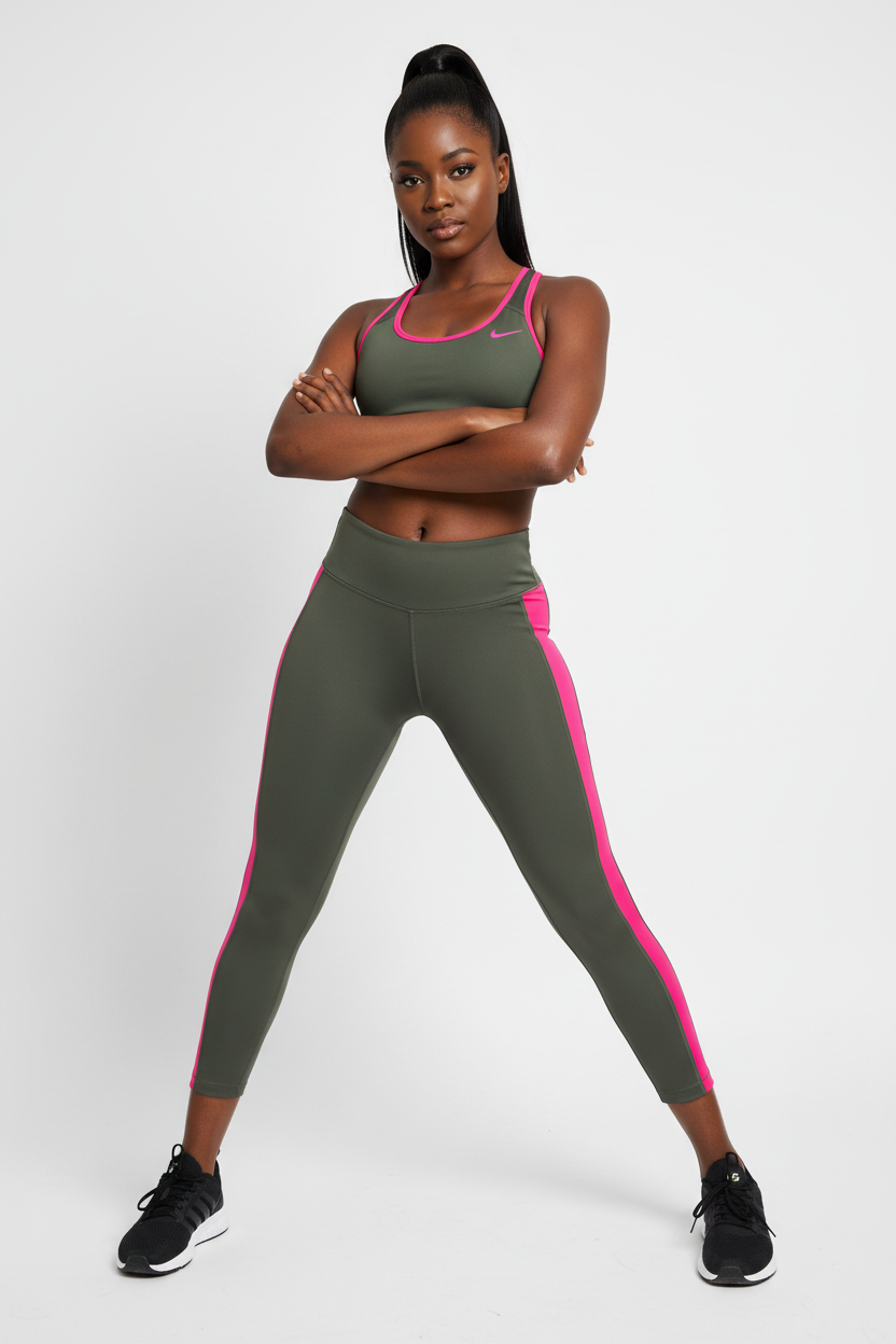 Mannequin femme avec legging Nike vert kaki et rose fuchsia - Vue de face
