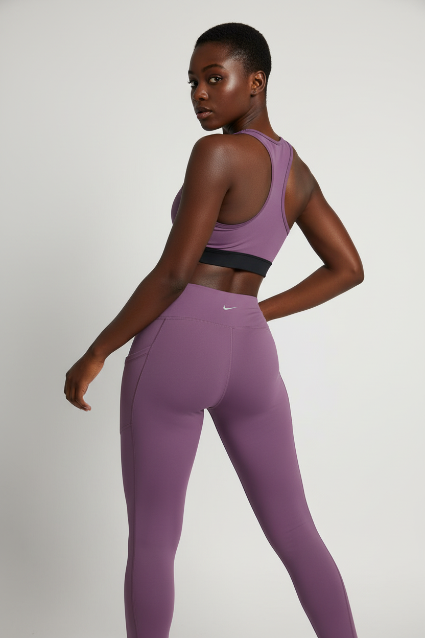 Mannequin femme avec legging Nike violet - Vue de dos avec pose dynamique
