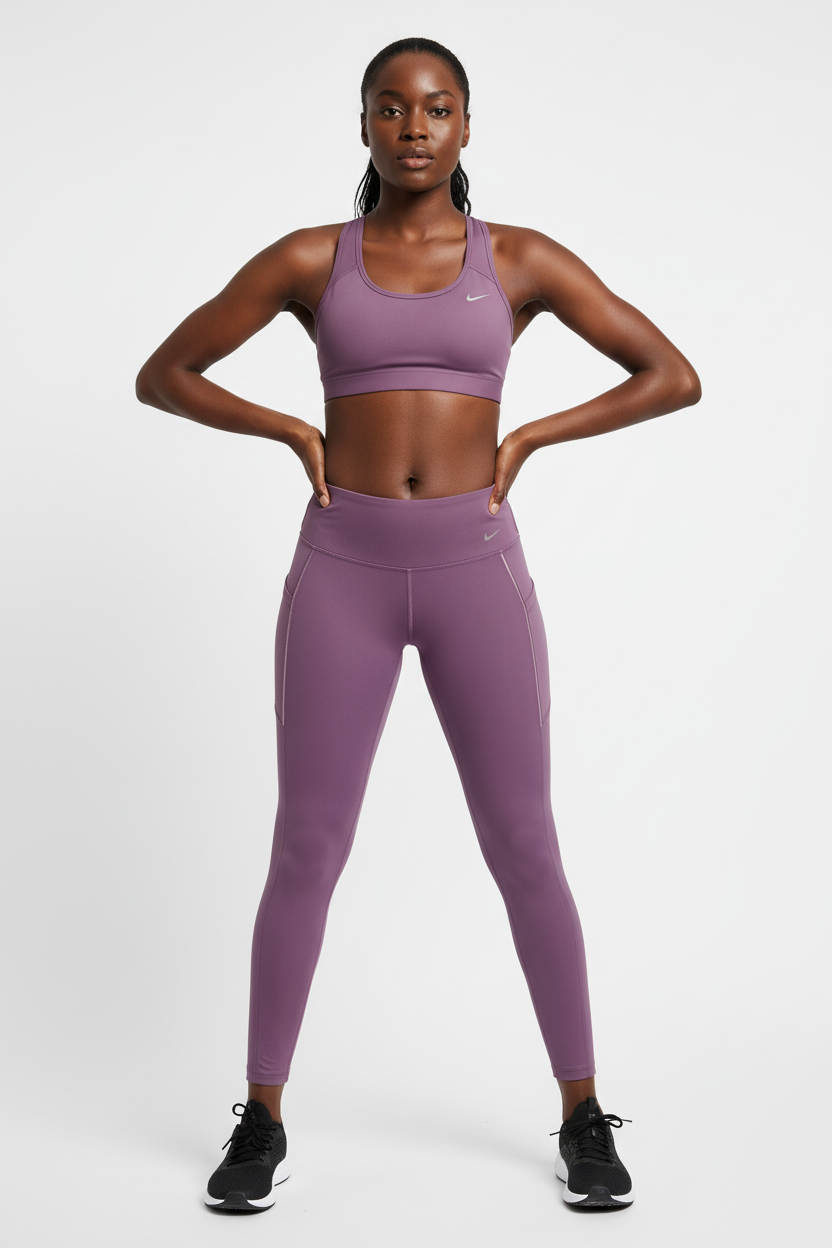 Mannequin femme avec legging Nike violet - Vue de face avec pose dynamique